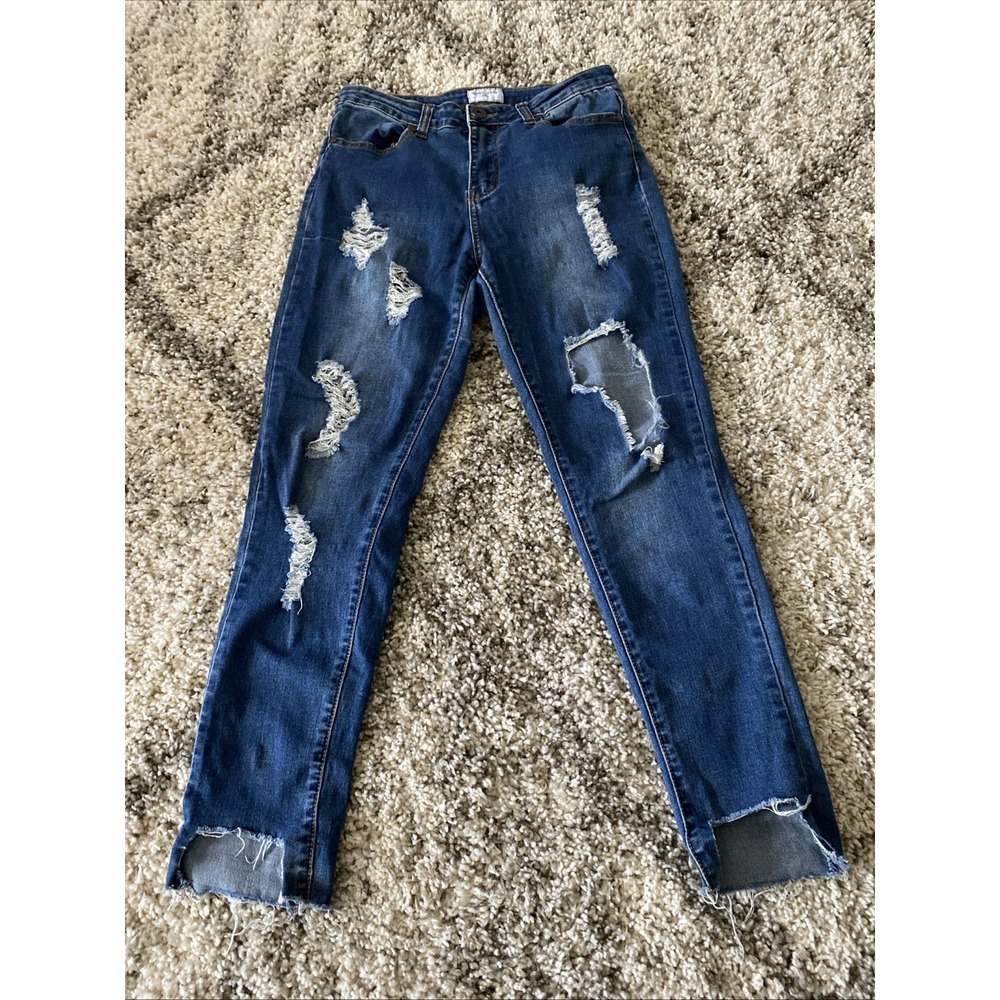Gogo Jeans USA Womens Distressed‎ Medium Wash Ripped Slim Fit Raw Hem Jeans